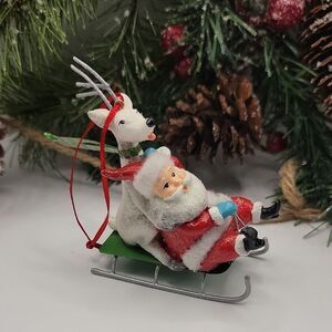 Retro Santa Christmas Tree Ormament On A Sled With His Reindeer 4.5" Tall